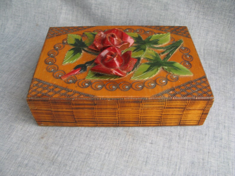 Vintage Wood Box Hand Carved Roses Leaves Applique Jewelry Box W/ Mirror Pyrography Folk Art Box Jozef PaczeK Bochnia, Poland image 1