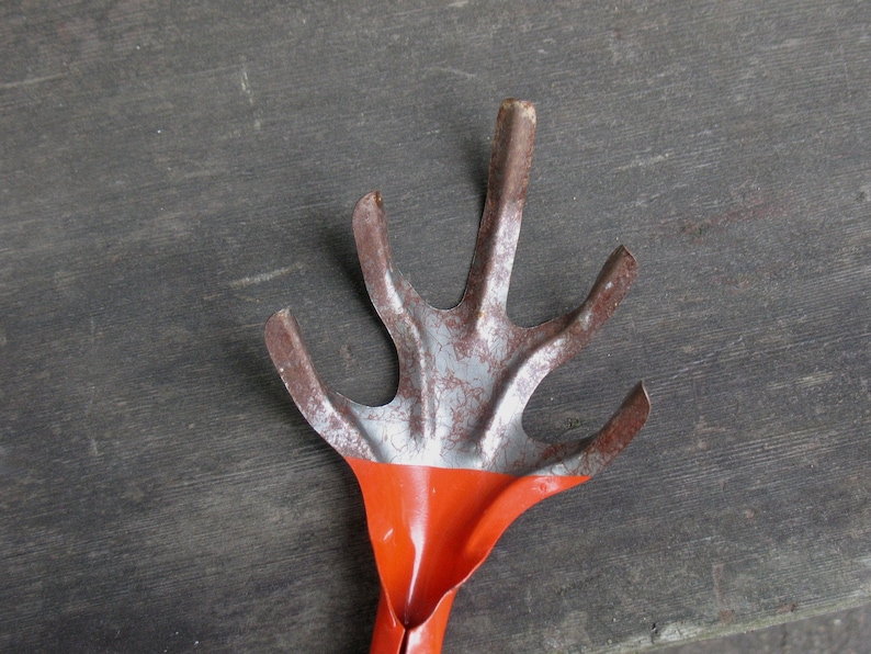 Vintage Garden Tool Metal Hand Rake 1980s Orange Mod Garden Shed Yard Art