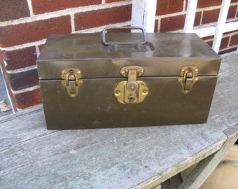 Vintage Metal Toolbox Army Green Corbin Tool Chest File Utility Box Car Crafts Storage Home Decor