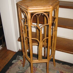 Vintage Bamboo Rattan Wicker Plant Stand Pedestal Hexagon Top Wood Nails