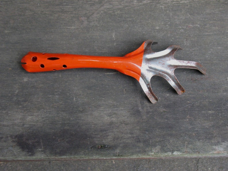 Vintage Garden Tool Metal Hand Rake 1980s Orange Mod Garden Shed Yard Art