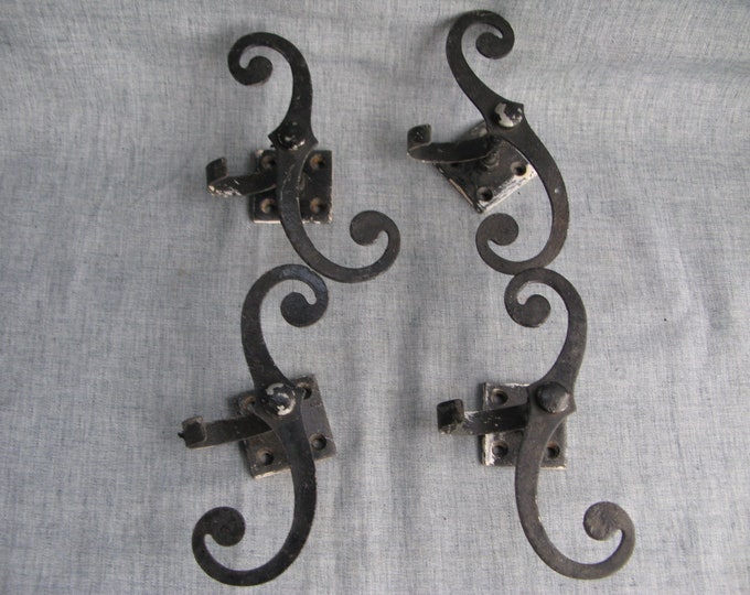 Set of 4 Vintage Iron Shutter Dogs Holdbacks S Scroll W/ Mounts
