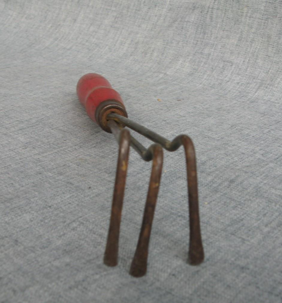 Vintage Garden Rake Weed - Ez 3 Prong Cultivator Hand Tool Red Wood Handle Garden Shed Yard Art 8 3/4"