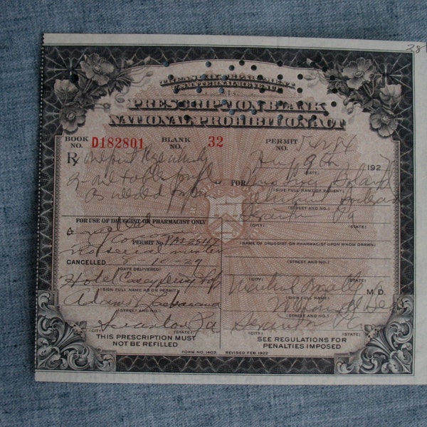 Antique Pharmacy Prohibition Whiskey Prescription Medical Alcohol at Hotel Casey Drug Shop Scranton, PA 1927 Rye Whiskey for Pain