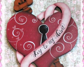 E PATTERN - Key to My Heart - Fancy Key with Ribbon & Swirls - LARGE! Designed and Painted by Sharon Bond