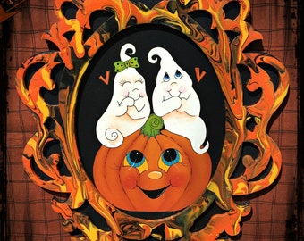 E PATTERN - Halloween Love! Cute ghosts & pumpkin with a poured frame! Fun!! Designed and Painted by Sharon Bond