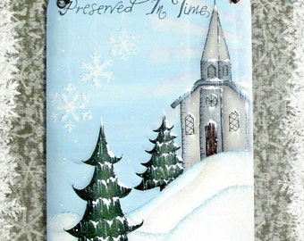 E PATTERN - Preserved in Time - Peaceful Winter setting with Church, Pine Trees, Snowflakes and Bunny. Designed/Painted by Sharon Bond