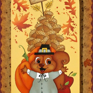 E PATTERN - Thankful Squirrel with his Fall Bounty! Acorns, Pumpkin, Apples - Painted & Designed by Sharon Bond
