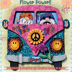 E PATTERN - Flower Power! Two Hippie Gnomes Cruising Along! Fun with 3D Embellishments! Designed & Painted by Sharon Bond