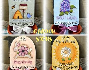 E PATTERN - Garden Signs - All 4 Designs in one Packet - Flowers, Bunny, Welcome - Designed by T. French & Painted by Sharon B