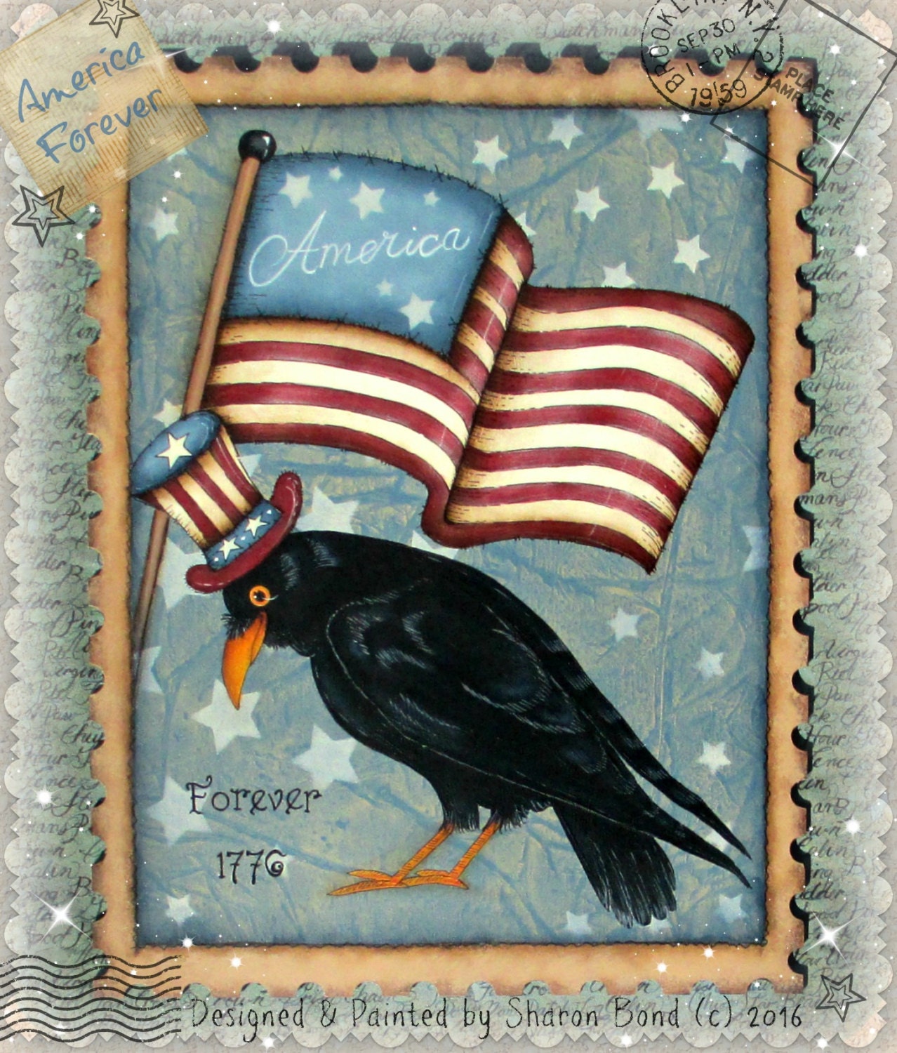 America Forever Postage Stamp Look With Flag, Stars & Crow Americana