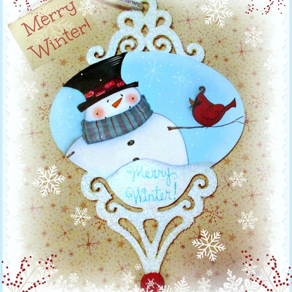 E PATTERN - Merry Winter Ornament - Snowman & Cardinal - Designed and Painted by Sharon B