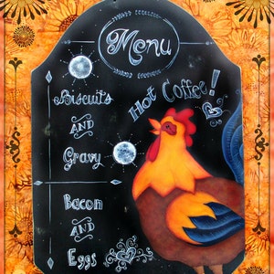 E PATTERN - Breakfast Menu - Chalkboard type Lettering and Rooster ready to start the day! Designed & Painted by Sharon Bond - FAAP