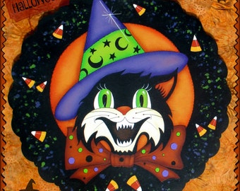 E PATTERN - Retro Cat Halloween Wreath! Colorful and Fun! Halloween Cat and Candy Corn - Designed & Painted by Sharon Bond - FAAP