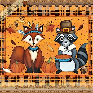 E PATTERN - &quot;Woodland Blessings&quot; - Cute Fox & Raccoon celebrating Harvest/Thanksgiving! Designed and Painted by Sharon Bond