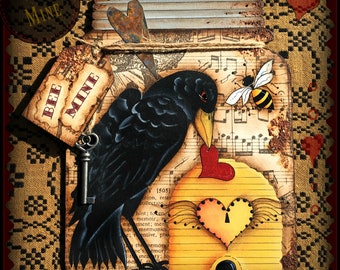 E PATTERN - "Bee Mine" - Crow, Bee, Bee Skep & Heart - Painted and Designed by Sharon Bond