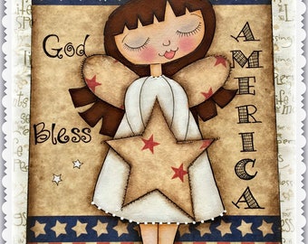 May include: A painted illustration of an angel with brown hair and wings holding a large star. The angel is wearing a white dress and has closed eyes. The background is a red, white, and blue striped pattern with stars. The text "God Bless America" is written on the image.