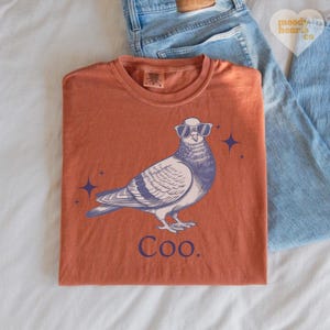 Peut inclure: Un t-shirt couleur rouille avec un pigeon de dessin animé portant des lunettes de soleil et le mot "Coo." en dessous. Le pigeon est dessiné en bleu et blanc, avec des étoiles. Le t-shirt est plié, avec un jean bleu en arrière-plan.