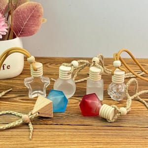 8ml Car Hanging Diffuser Bottles, Glass Perfume Bottles with Wood Cap & Rope, Refillable Air Freshener, Cute Shapes for Mirror Closet Gifts