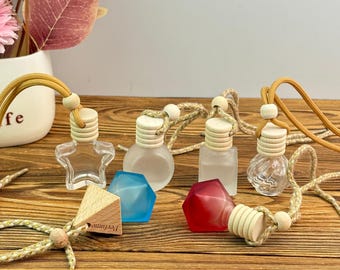 8ml Car Hanging Diffuser Bottles, Glass Perfume Bottles with Wood Cap & Rope, Refillable Air Freshener, Cute Shapes for Mirror Closet Gifts