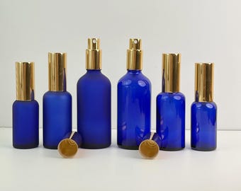 Refillable Fine Mist Glass Spray Bottles - Cobalt Blue (Frosted & Clear Variants) | 30ml, 50ml, 100ml Sizes | Ideal for Makeup and Skincare