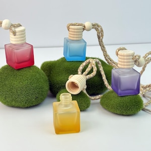 Può includere: Un assortimento di profumatori per auto in vetro di forma quadrata, dai colori vivaci: rosso, blu, viola e giallo. Sono dotati di tappi in legno e cordini decorativi. I flaconi sono esposti su piccole superfici rotonde e ricoperte di muschio verde.