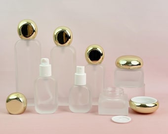 Milchglas-Hautpflegebehälter mit hellgoldenen Kappen, auslaufsicheres nachfüllbares Cremeglas für Toilettenartikel, Lotion, Augencreme, DIY & Lagerung