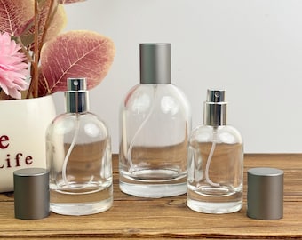 30ml/50ml/100ml Minimalist Clear Round Glass Spray Bottles, Empty Fine Mist Atomizer, Refillable glass perfume jars with Matte Gray Cap