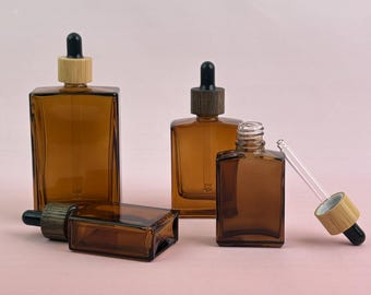 Empty Amber Glass Cosmetic Containers with Wooden Cap, Clear Dropper Bottles Available Designed for Essential Oil, Toner, Perfume & Storage