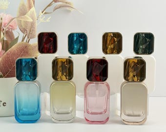 Faceted Gem-Cap Square Glass Spray Bottles - Leakproof Reusable Skincare Containers for Serums, Mists & Travel Beauty Vibrant Colors