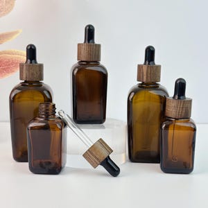 Amber Glass Square Dropper Bottles, Refillable Tincture Bottles with Wooden Cap, Cosmetic Container for Health, Personal Care & Beauty
