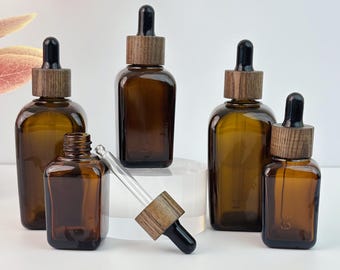 Amber Glass Square Dropper Bottles, Refillable Tincture Bottles with Wooden Cap, Cosmetic Container for Health, Personal Care & Beauty