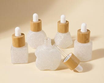 8ml Glittery Clear Glass Dropper Bottles with Bamboo Lids - Various Shaped Cosmetic Containers for Essential Oils, Perfume, Beauty Packaging