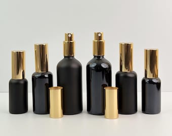 Black Glass Atomizer Bottles with Gold Cap | Glossy or Matte Black Perfume Spray Packaging for Essential Oils, Skincare & Travel Refill
