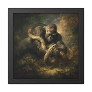 May include: A framed wall art print depicting a dark-furred gorilla interacting with a large, light-colored snake in a dense, shadowed jungle environment. The artwork features muted earth tones, deep greens, and browns, enclosed in a black frame.