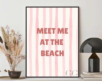 Meet me at the beach printable wall art cute pink aesthetic quote poster beachy summer decor digital download girly bedroom bathroom print