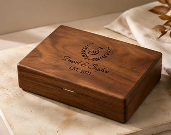 5th Anniversary Gift for Wife, Solid Walnut Jewelry Box with Names Date, Wood Anniversary Gift