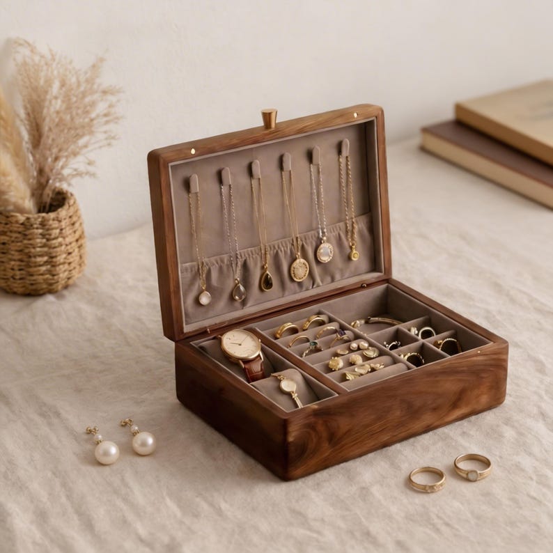 Houten sieradendoos, organizer sieradendoos, verjaardagscadeau voor haar, jubileumcadeau, sieraden opbergdoos, gepersonaliseerde sieradendoos afbeelding 1