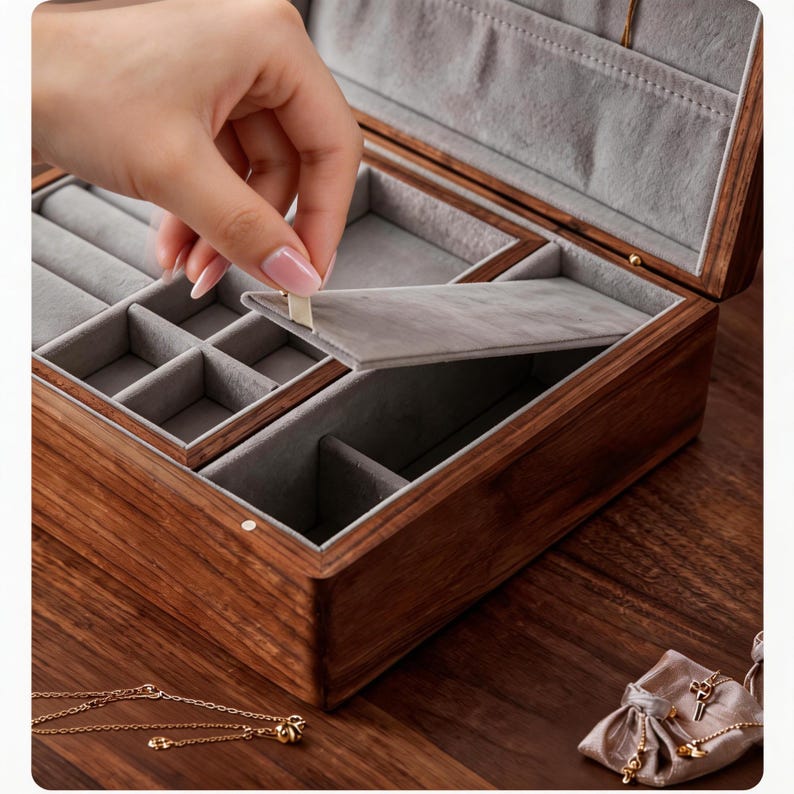 Houten sieradendoos, organizer sieradendoos, verjaardagscadeau voor haar, jubileumcadeau, sieraden opbergdoos, gepersonaliseerde sieradendoos afbeelding 5
