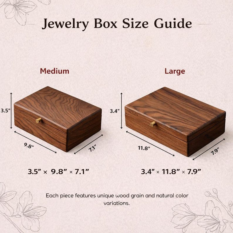 Op de afbeelding: Een sieradendoosjes-maattabel toont twee houten dozen, met de labels "Medium" en "Large". De middelste doos meet 8,9 cm x 24,9 cm x 18 cm, en de grote doos is 8,6 cm x 30 cm x 20,1 cm. Elke doos heeft een unieke houtnerf.
