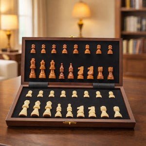 May include: A wooden chess set with a dark brown case, open to reveal the black felt interior and chess pieces. The pieces are two-toned, with light and dark brown pieces arranged for play. The set is on a dark wooden table.