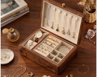 Gepersonaliseerde houten sieradendoos, gegraveerde walnoot sieradendoos, aangepaste sieraden organisator cadeau voor haar, verjaardag verjaardagscadeau