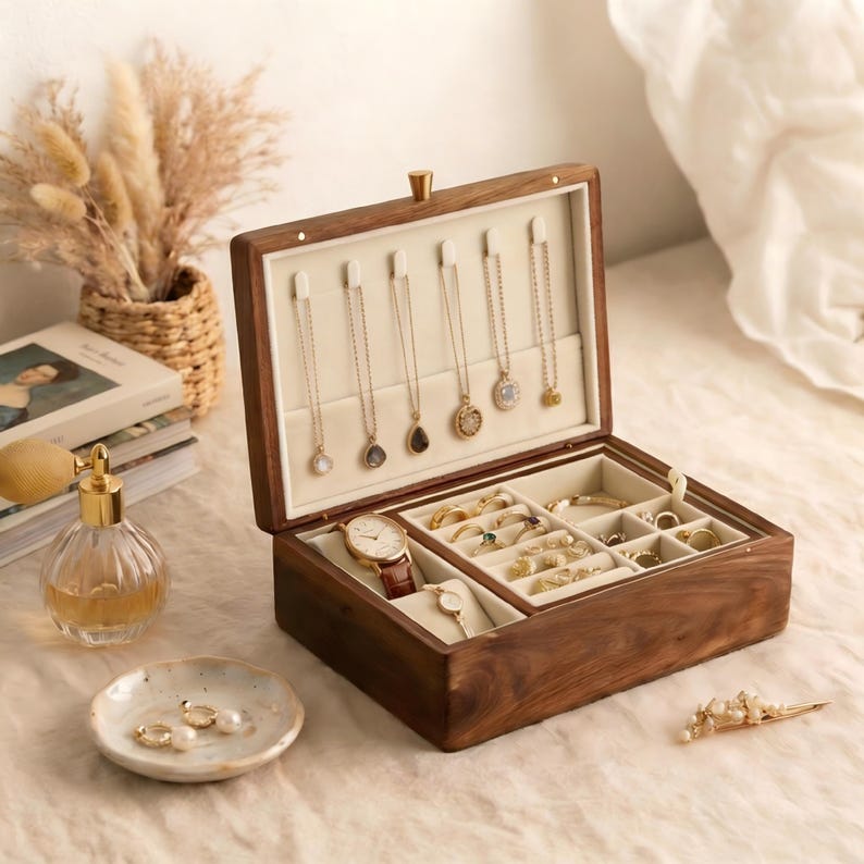 Op de afbeelding: Een houten sieradendoos met een open deksel, met vakken voor kettingen, ringen en armbanden. De doos is gevuld met gouden sieraden, waaronder kettingen, ringen en een horloge met een bruine leren band. Een klein schaaltje met oorbellen en een parfumflesje staan in de buurt.