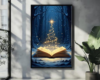 May include: A framed artwork depicts a magical scene. An open book glows with golden light, with a Christmas tree made of stars rising into a dark blue forest. The artwork is framed in black and hangs on a gray wall.