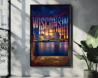 Wisconsin Wall Art Printable, Milwaukee Skyline Poster, Modern Typography Cityscape, Waterfront Travel Decor, Instant Download