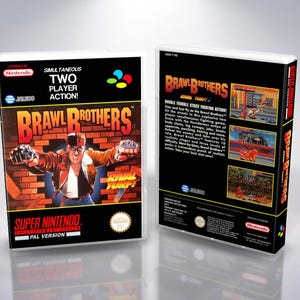 Può includere: Custodia del gioco per Super Nintendo per "Brawl Brothers". La parte anteriore presenta un uomo con una giacca di pelle con il titolo del gioco e "Rival Turf!". Il retro mostra screenshot di gioco e dettagli. La custodia è nera con testo bianco.