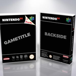 May include: Two Nintendo 64 game cases. The front case has "GAMETITLE" in white text on a black background, with the Nintendo 64 logo. The back case says "BACKSIDE". Both cases have the Nintendo logo.