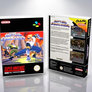 May include: A Super Nintendo video game box for "Captain Commando." The front features a dynamic illustration of a blonde-haired hero in a blue and white suit, with the game's title in bold, colorful lettering. The back shows gameplay screenshots.