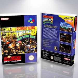 Pode incluir: Caixa de jogo Super Nintendo para Donkey Kong Country 2: Diddy's Kong Quest. A frente da caixa apresenta o título e os personagens do jogo. A parte de trás mostra capturas de tela e detalhes do jogo. A caixa está rotulada como "PAL VERSION".