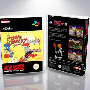 Könnte beinhalten: Das Itchy & Scratchy Game für Super Nintendo. Die Spielbox zeigt den Titel in einer stilisierten Schriftart mit Zeichentrickfiguren. Die Vorderseite der Box hat einen gelben Hintergrund mit dem Titel und den Figuren des Spiels. Die Rückseite der Box enthält Gameplay-Screenshots.